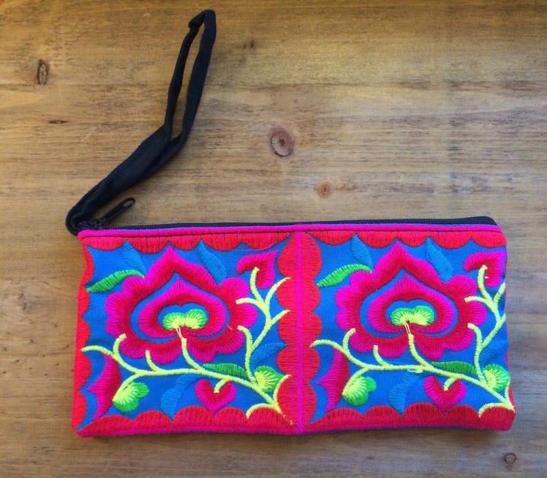 Blue Thai floral embroidered pencil case