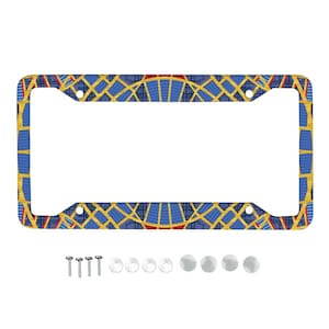 May include: A decorative license plate frame with a geometric design in blue, gold, and red. The frame has a rectangular shape with mounting hardware, including screws and caps.