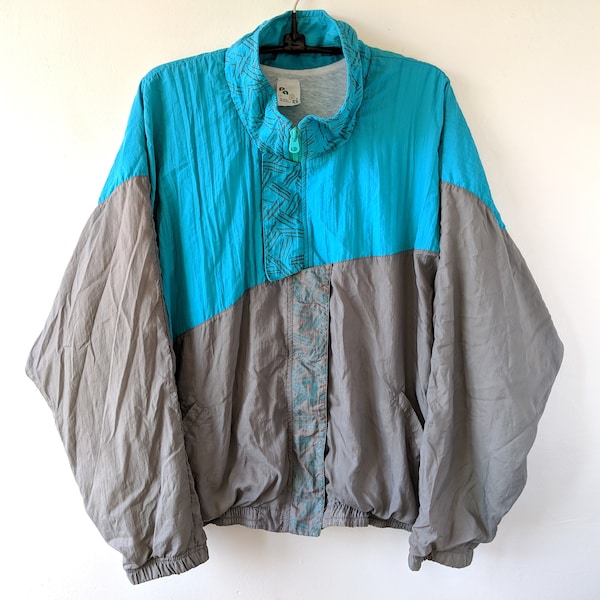 Vintage 80s PAPU Windbreaker Jacket Bright Turquoise Blue Aqua Teal Green Grey Colorblock Zipper Lightweight Coat Unisex Medium