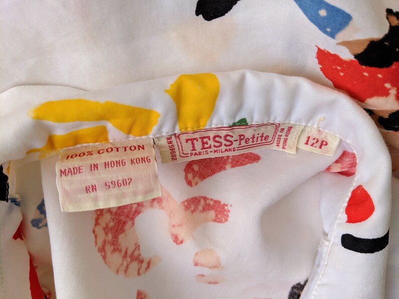 Vintage 80s TESS Art Blouse Finger Paint Canvas Bleach Splatter Pattern Print Sleeveless Button Collared Shirt 100/% Cotton Womens 12 Petite