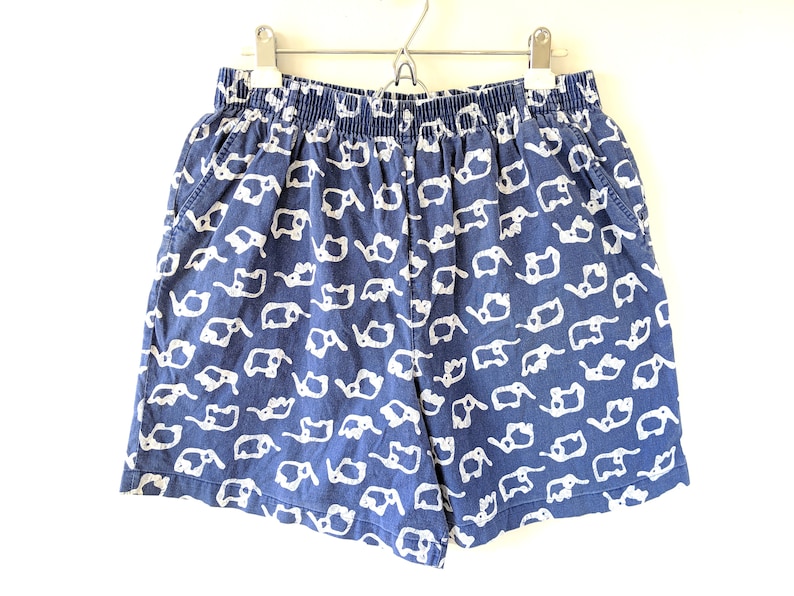Vintage 80s All-Over Elephant Pattern Print Shorts Blue White Beach Board Bottoms Pockets Cotton Mens Medium