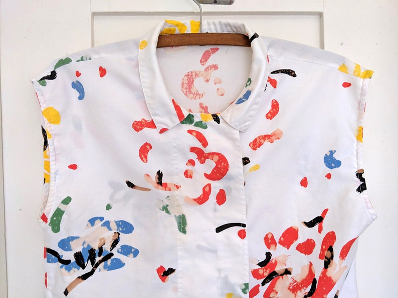 Vintage 80s TESS Art Blouse Finger Paint Canvas Bleach Splatter Pattern Print Sleeveless Button Collared Shirt 100/% Cotton Womens 12 Petite