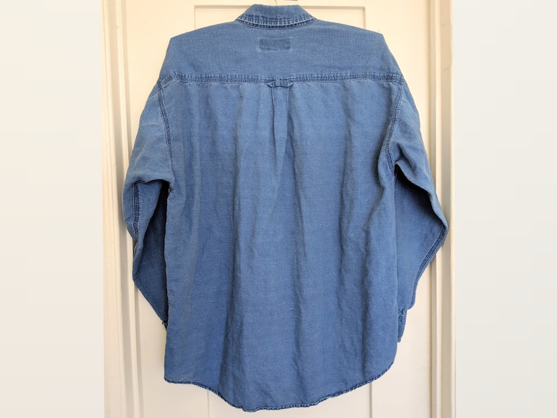 Vintage 90s ANCHOR BLUE Classic Denim Shirt Natural Indigo Cotton Linen Jean Basic Long Sleeve Button Collared Oxford Unisex Mens Medium