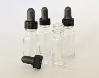 Set de 12 una docena de 15 ml (1/2 oz) botella de vidrio claro Flint con gotero superior negro para aceites esenciales, fragancias, sueros de belleza, jugo de vapeo