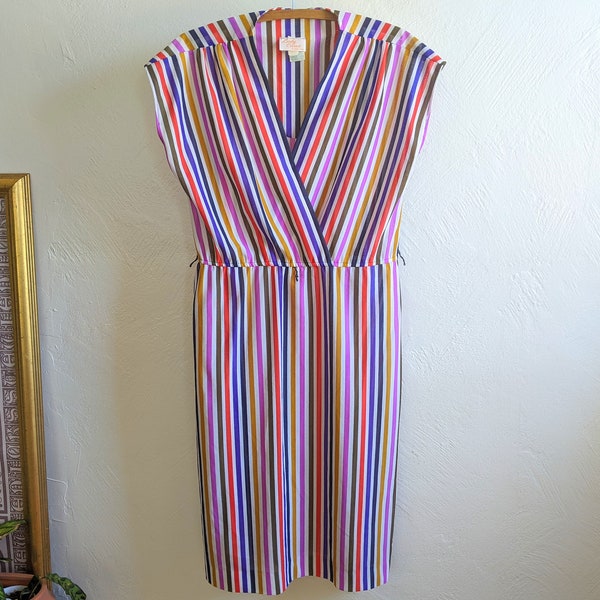 Vintage 70s LADY CAROL of New York Striped Summer Dress Blue Purple Red Gold Sheer Fortrel A-line Blouson V-neck Womens Size 18 Made in USA