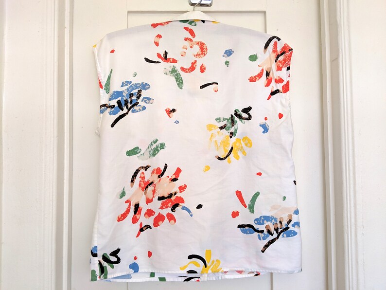Vintage 80s TESS Art Blouse Finger Paint Canvas Bleach Splatter Pattern Print Sleeveless Button Collared Shirt 100/% Cotton Womens 12 Petite