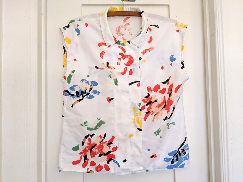 Vintage 80s TESS Art Blouse Finger Paint Canvas Bleach Splatter Pattern Print Sleeveless Button Collared Shirt 100/% Cotton Womens 12 Petite
