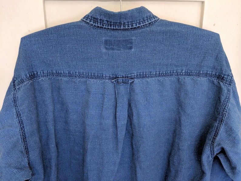 Vintage 90s ANCHOR BLUE Classic Denim Shirt Natural Indigo Cotton Linen Jean Basic Long Sleeve Button Collared Oxford Unisex Mens Medium