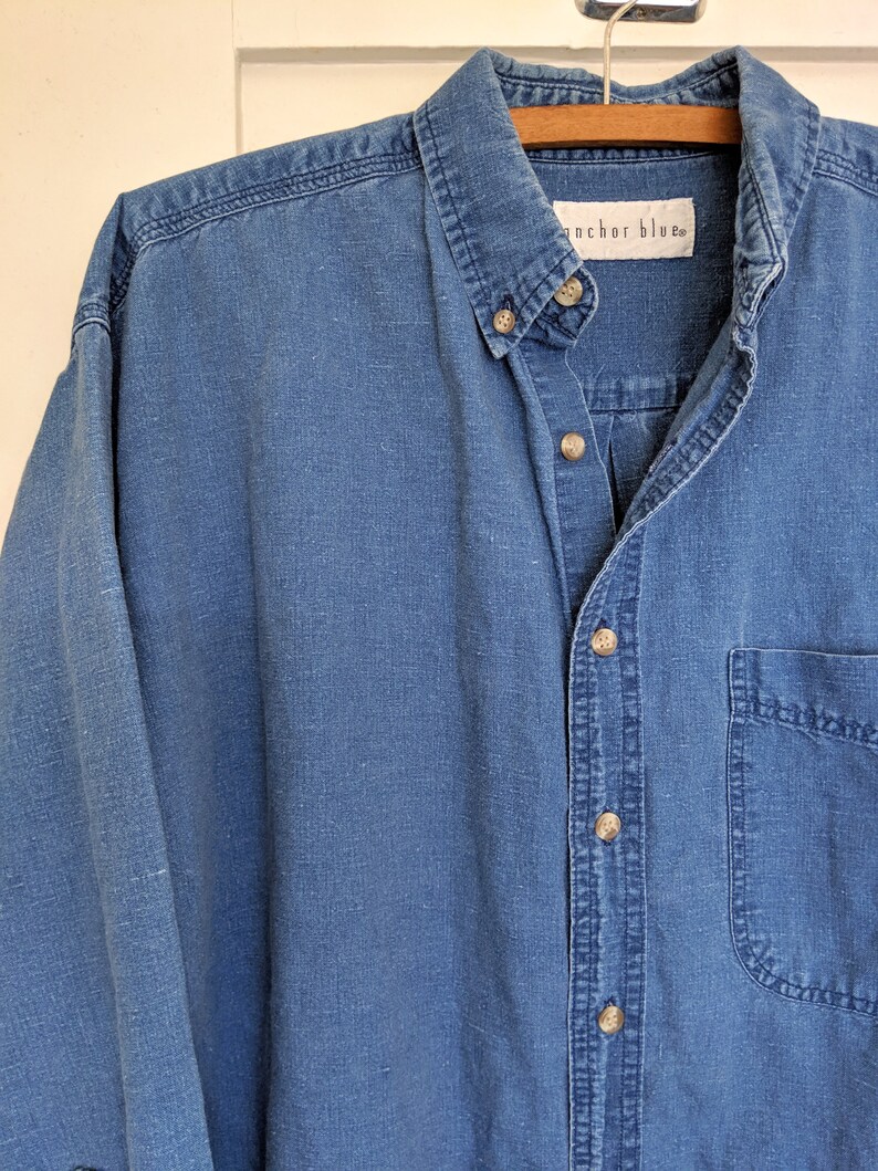 Vintage 90s ANCHOR BLUE Classic Denim Shirt Natural Indigo Cotton Linen Jean Basic Long Sleeve Button Collared Oxford Unisex Mens Medium