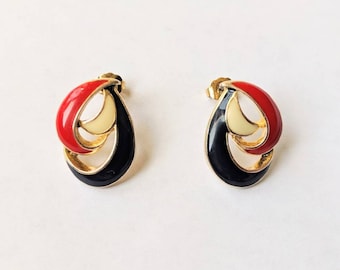 Vintage 80s esmalte rojo blanco azul oro cinta declaración pendientes colorido traje joyería americana patriota americano 4 de julio