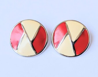 Uno de un tipo Vintage 80s esmalte crema rojo círculo de plata grande declaración Stud pendientes coloridos traje geométrico joyería