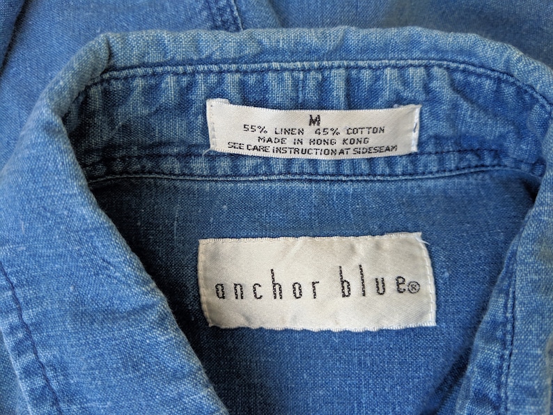 Vintage 90s ANCHOR BLUE Classic Denim Shirt Natural Indigo Cotton Linen Jean Basic Long Sleeve Button Collared Oxford Unisex Mens Medium