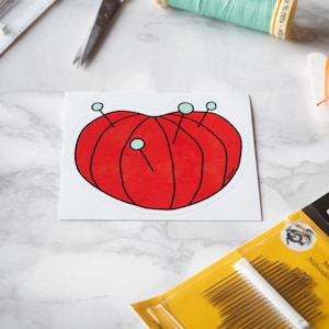 Pegatina de alfiletero rojo, pegatinas para manualidades, regalos para amantes de la costura, pegatinas para máquinas de coser, papelería para manualidades, alfiletero troquelado