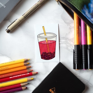Adesivo per tè boba rosa e viola, bubble tea, bibita analcolica magenta, adesivo estivo, I love boba, adesivi per planner con taglio a bacio