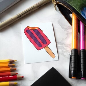 Sticker sucette glacée, sucette glacée, sucette glacée, nourriture d'été, rose et violet, papeterie pour gourmets, autocollant d'été, coupe de baiser artistique sur le thème de la nourriture
