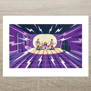 May include: A band of three musicians playing in a purple room with a checkered floor. The drummer is in the center, with a guitarist on the left and a bassist on the right. The room is lit by a spotlight and there are lightning bolts painted on the walls.