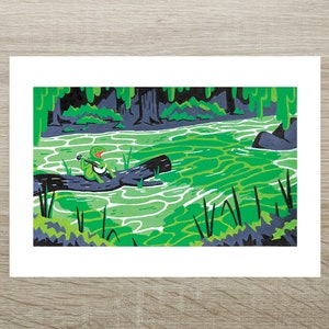 May include: A green frog playing a banjo on a log in a green pond surrounded by lush green foliage.