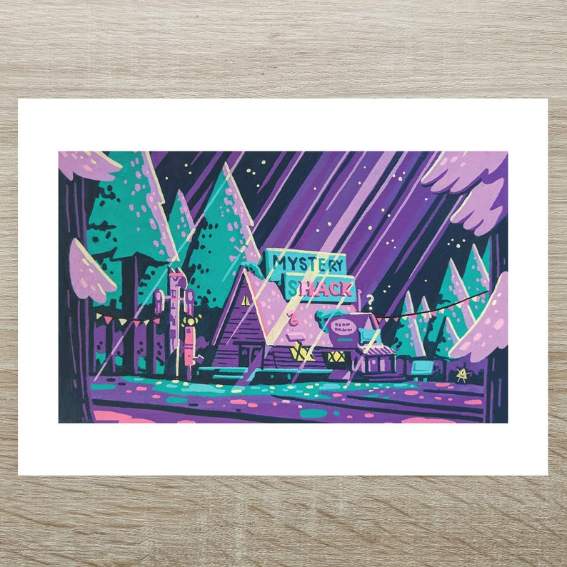 May include: A digital illustration of the Mystery Shack from the animated series Gravity Falls. The shack is a wooden building with a large sign that reads "Mystery Shack". The shack is surrounded by trees and a purple sky with stars.