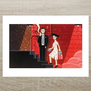 May include: An illustration depicting a man in a black suit smoking and a woman in a white dress with a red handbag. The background shows a red brick wall and stairs. The artwork has a vintage, noir style.