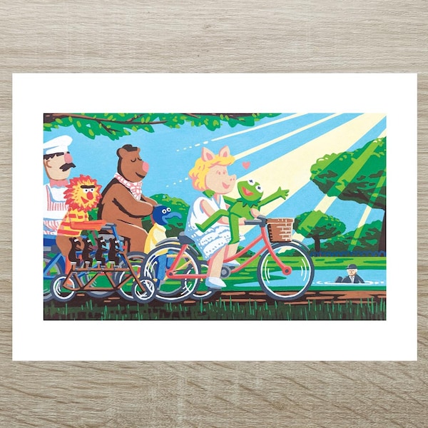 The Great Muppet Caper - Cycling Miss Piggy & Kermit Posca Print (A5)