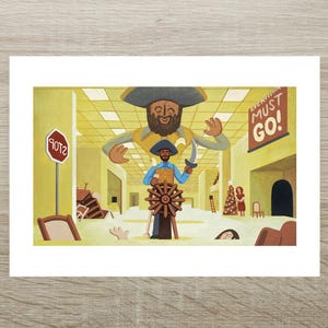 Peut inclure: Une peinture surréaliste représente une silhouette géante dominant un petit pirate tenant une épée et une barre de navire. Un panneau stop rouge et une pancarte EVERYTHING MUST GO sont visibles dans une pièce jaune avec des meubles éparpillés.
