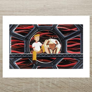 May include: An illustration depicting a person in a white top with red trim and yellow trousers, seated beside a brown creature within a geometric, crystal-like form. The backdrop reveals a red and black space scene, framed by a dark grey window.