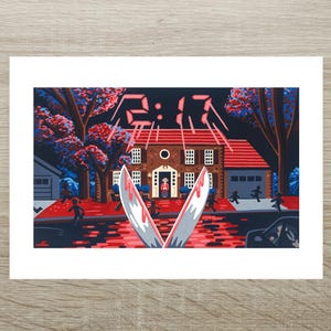 May include: Illustration of a house at night with the time 2:17 displayed above. Two large knives are in the foreground, with figures running away from the house. The color palette includes red, blue, and black.