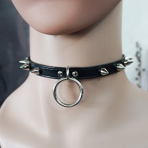 Leather collar with conical studs and o-ring, studded choker, buckle collar, goth, punk | black, red, white, patent black | vegan variation