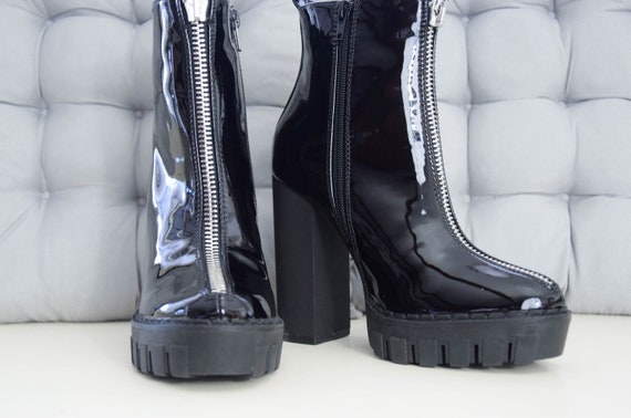 Black rits vinyl enkellaarzen hoge hak, start en landingsbaan laarzen, platform enkellaars, 3 uk, 36 eu, goth, alternatief, clubwear, nieuwe, Black rits vinyl enkellaarzen hoge hak, start en landingsbaan laarzen, platform enkellaars, 3 uk, 36 eu, goth, alternatief, clubwear, nieuwe,
