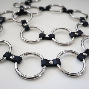 Multiple rings belt, black / red / white leather, patent black / red / purple / blue / pink, synthetic, rings and chains belt, goth, punk