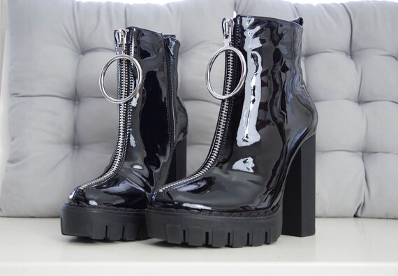 black vinyl ankle boots