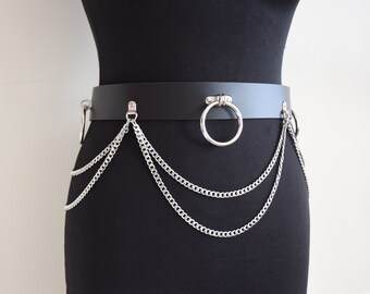 O-rings Leather Belt With Multiple Chains, High Quality
