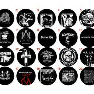 Industrial / power electronics / noise pins, buttons | 2.5cm | Merzbow, Genocide Organ, Throbbing Gristle, Gray Wolves, Ramleh, Masonna