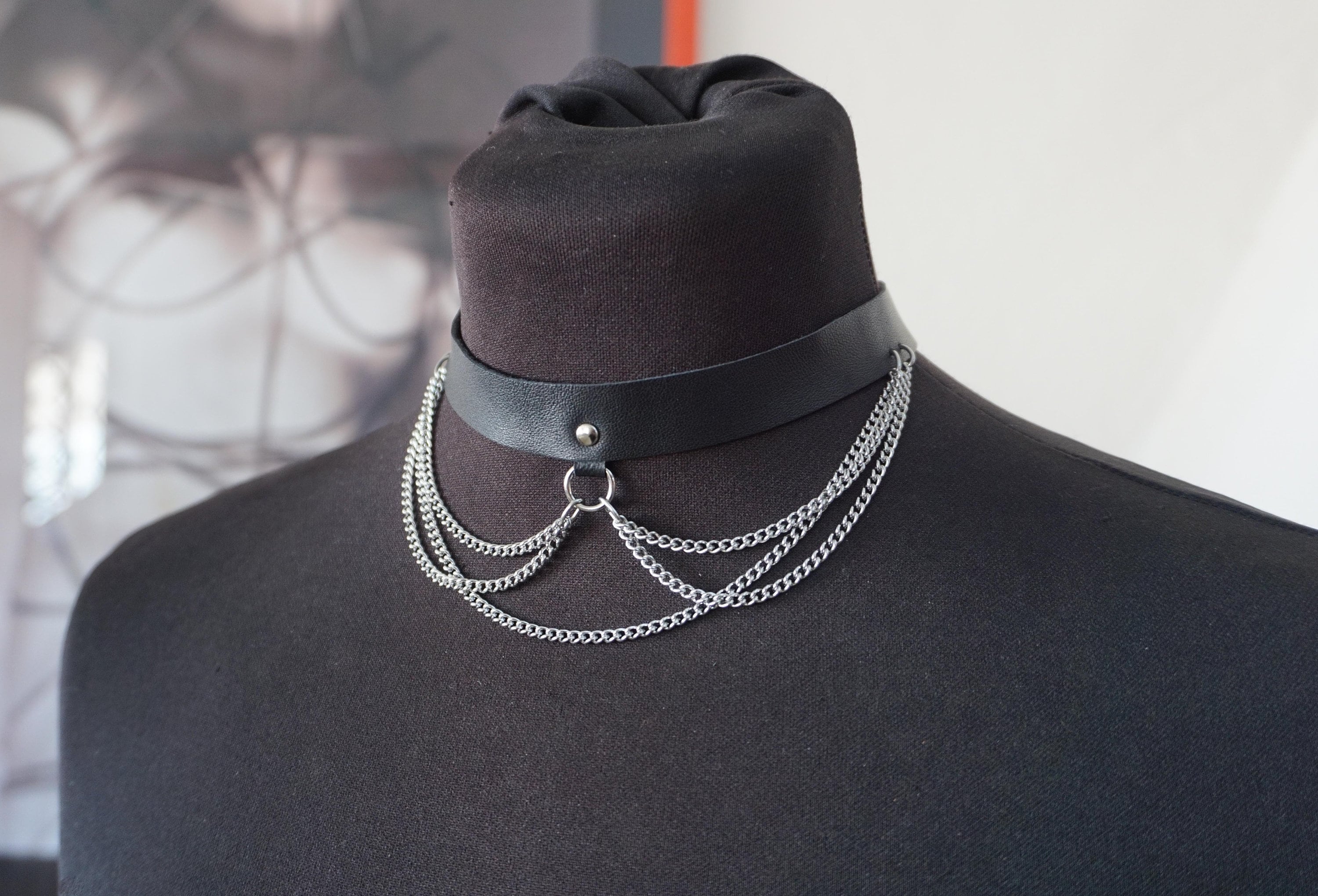Black leather oring collar with chains ring choker buckle Etsy