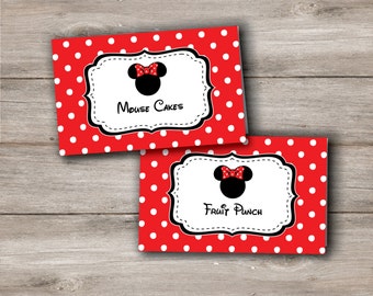 Red Minnie Mouse Placecards for Birthday Party or Baby Shower Red and Black Minnie Mouse Food Tents MMRY Blank Red Minnie Mouse Food Tents