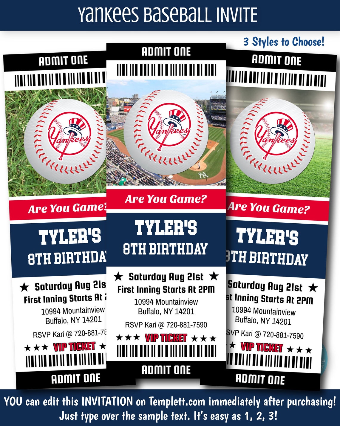 New York Yankees Baseball Ticket Invitation Yankees Themed Etsy