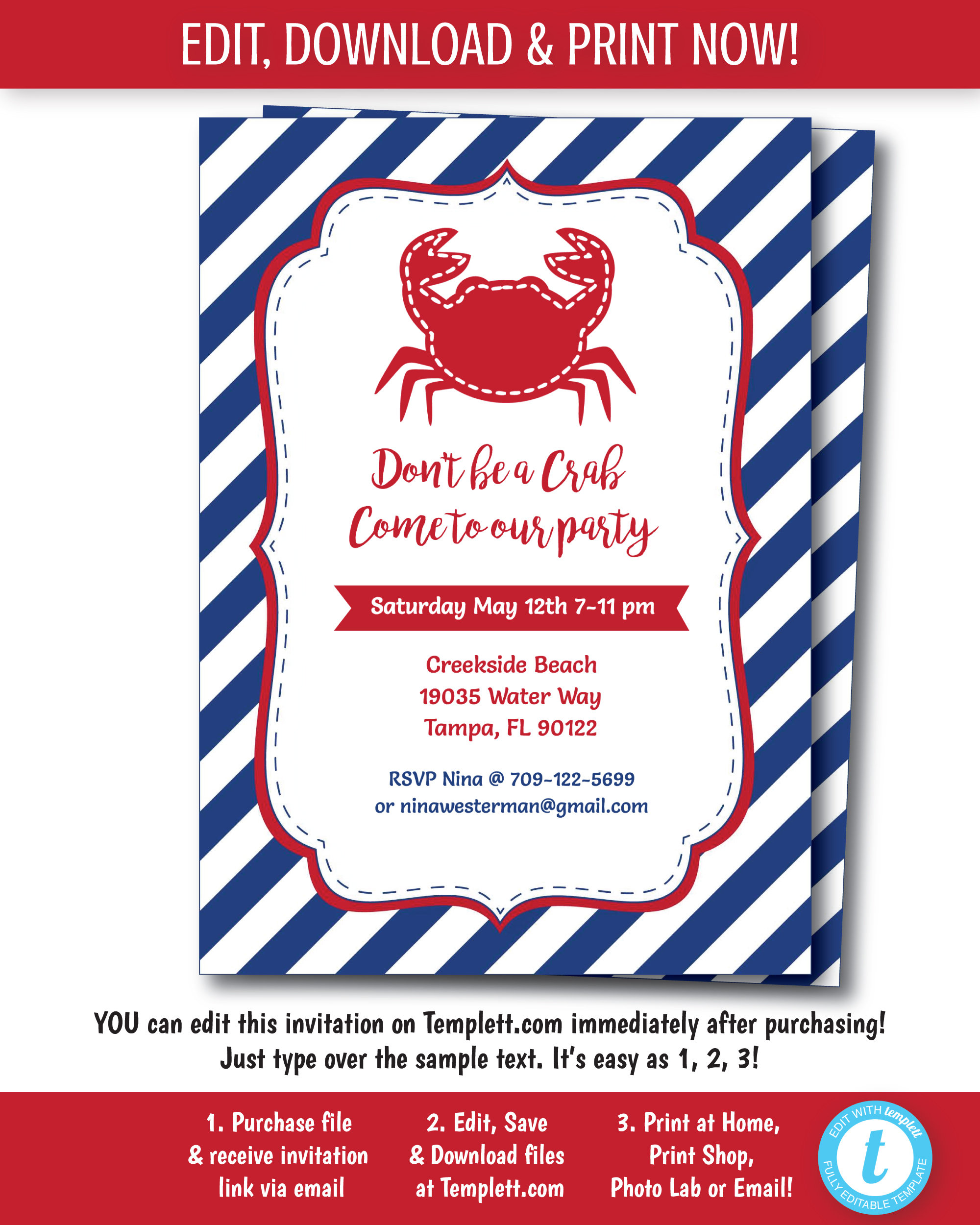 Nautical Crab Party Invitation Nautical Clam Bake Invitation Etsy