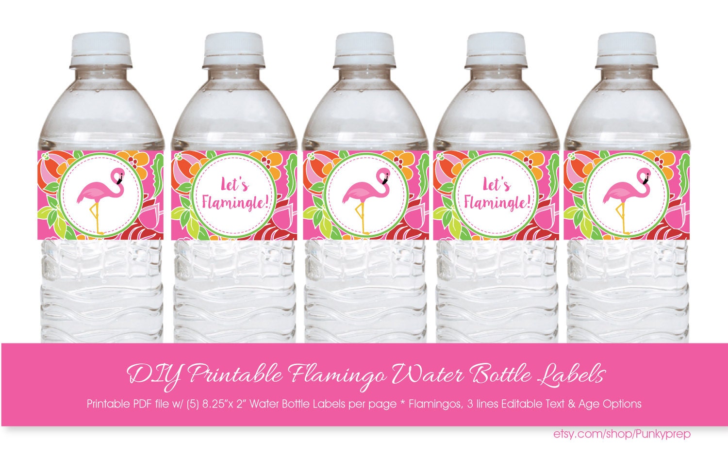 Pink Flamingo Water Bottle Labels with Editable Text | Etsy