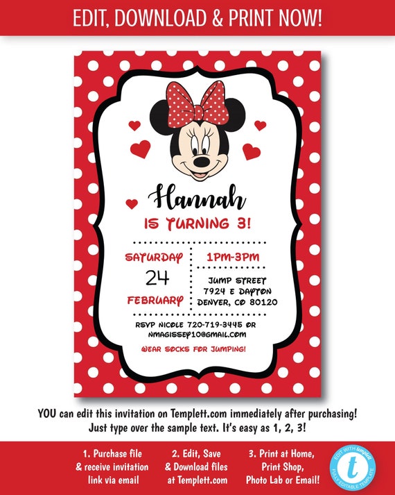 Minnie Mouse Party Invitation Template Printable Minnie Etsy