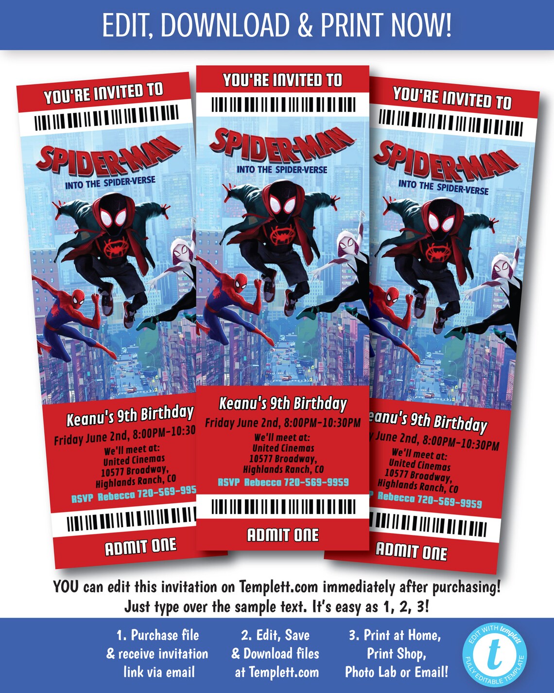 Spider Man Movie Invitation Printable Spiderman Movie Ticket Etsy