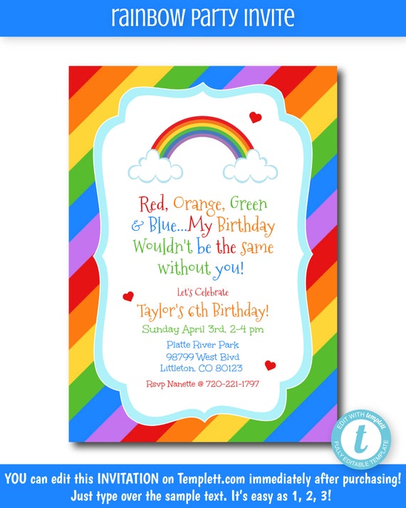 Rainbow Party Invitation Printable Rainbow Invitation Etsy