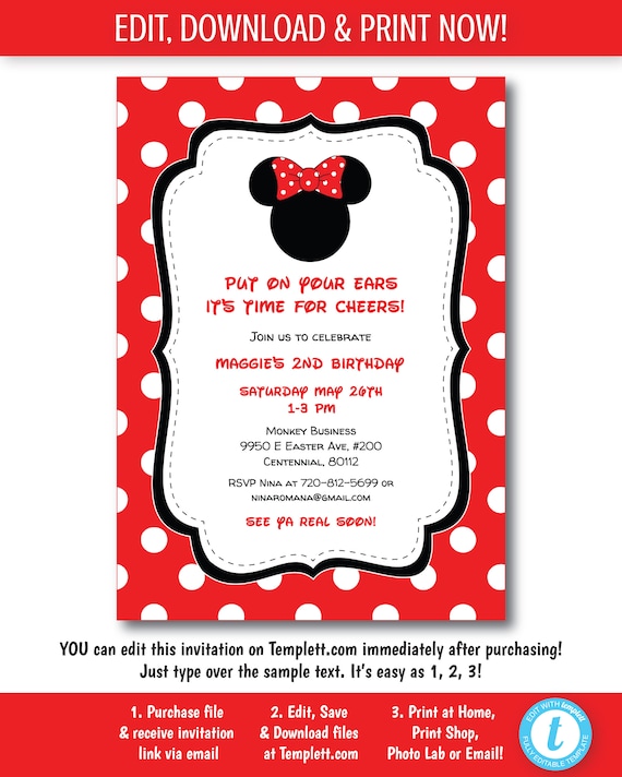 Free Minnie Mouse 1st Birthday Invitation Template Minnie