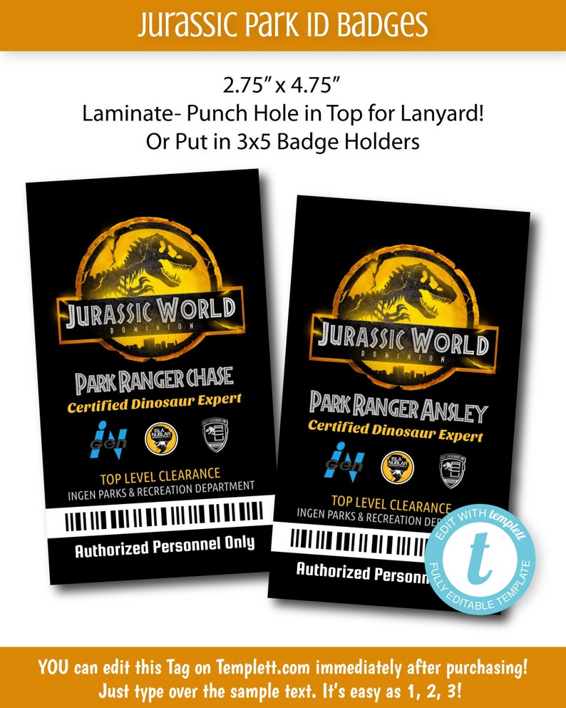 Jurassic World Ranger Badge Jurassic Park Party Favor Tag - Etsy