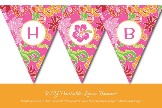 Hawaiian Luau Pennant With Editable Text Diy Luau Party Etsy