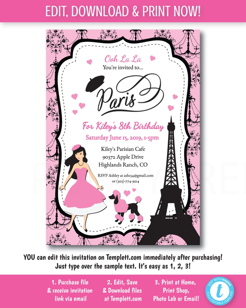 French party Invitation Printable Paris Birthday Invitation | Etsy