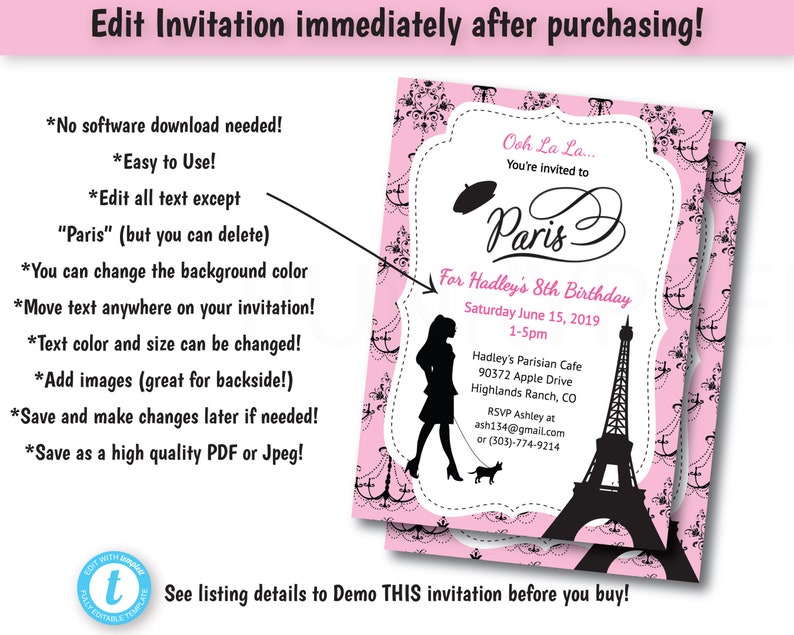 French Party Invitation Printable Paris Birthday Invitation Etsy