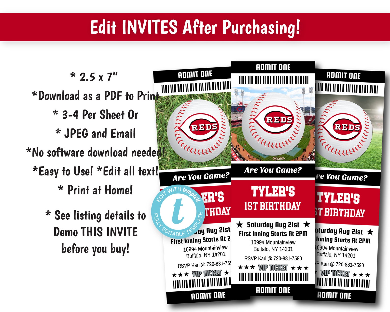 Cincinnati Reds Ticket Invitation Cincinnati Reds Baseball Etsy