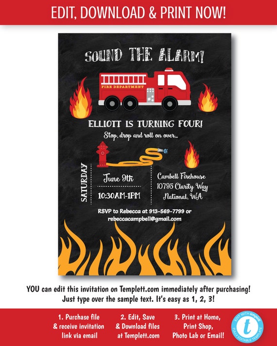 Fireman Party Invitation Fire Truck Party Invitation Fireman Etsy