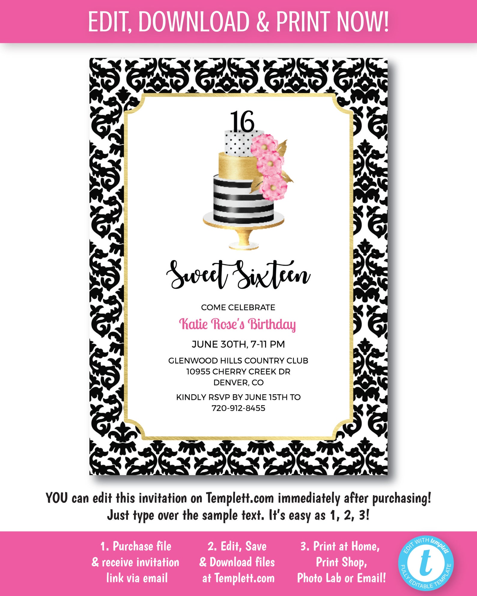 Black and pink Party Invitation Template Black white and Gold | Etsy