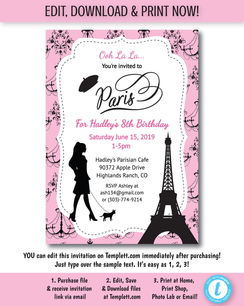 French Party Invitation Printable Paris Birthday Invitation Etsy